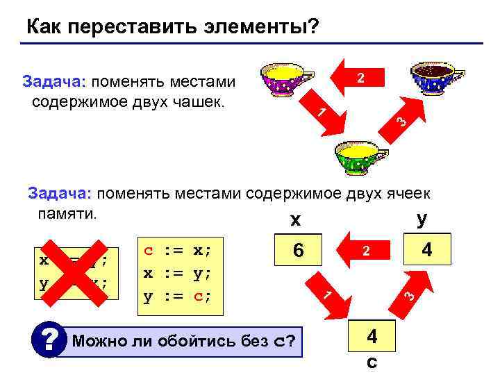 Как переставить элементы? 2 Задача: поменять местами содержимое двух чашек. 3 1 Задача: поменять