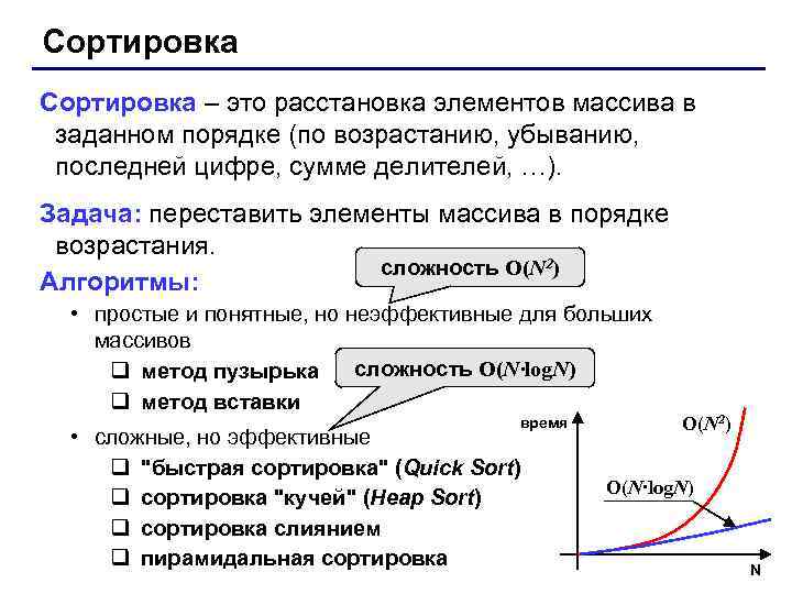 Сортировка – это расстановка элементов массива в заданном порядке (по возрастанию, убыванию, последней цифре,