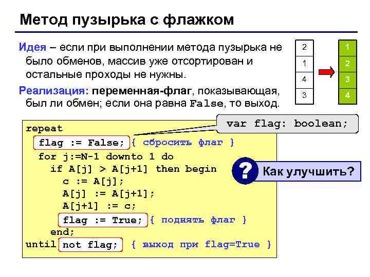 Метод пузырька с флажком Идея – если при выполнении метода пузырька не было обменов,