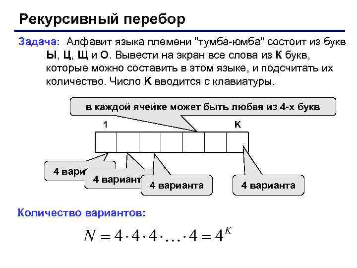 Рекурсивный перебор Задача: Алфавит языка племени 