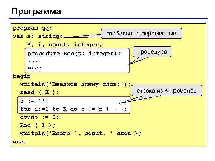 Программа program qq; глобальные переменные var s: string; K, i, count: integer; процедура procedure