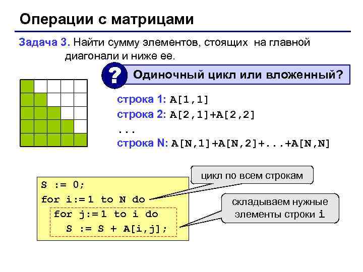 Операции с матрицами Задача 3. Найти сумму элементов, стоящих на главной диагонали и ниже