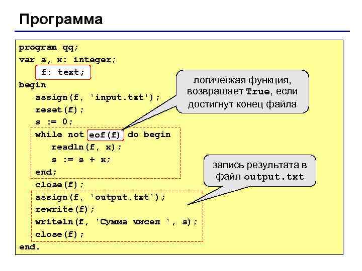 Программа program qq; var s, x: integer; f: text; логическая функция, begin возвращает True,