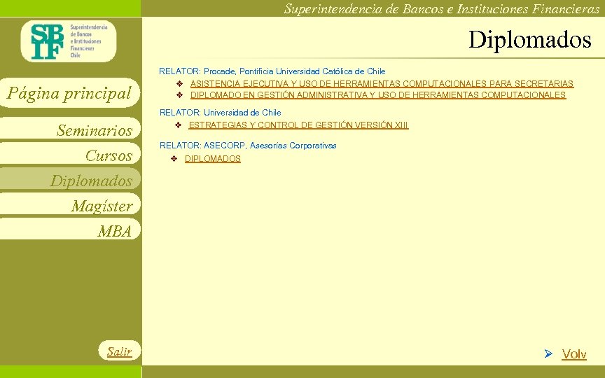 Superintendencia de Bancos e Instituciones Financieras Diplomados Página principal Seminarios Cursos Diplomados Magíster MBA