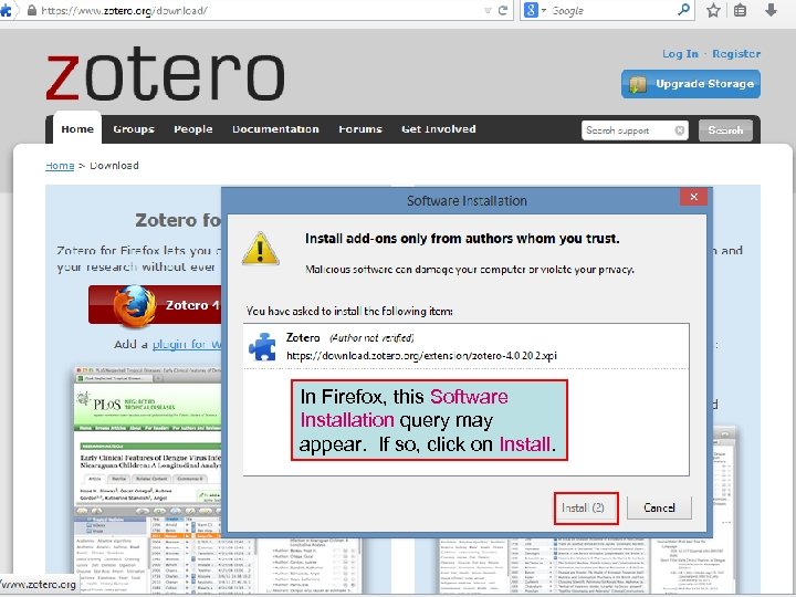 In Firefox, this Software Installation query may appear. If so, click on Install. 