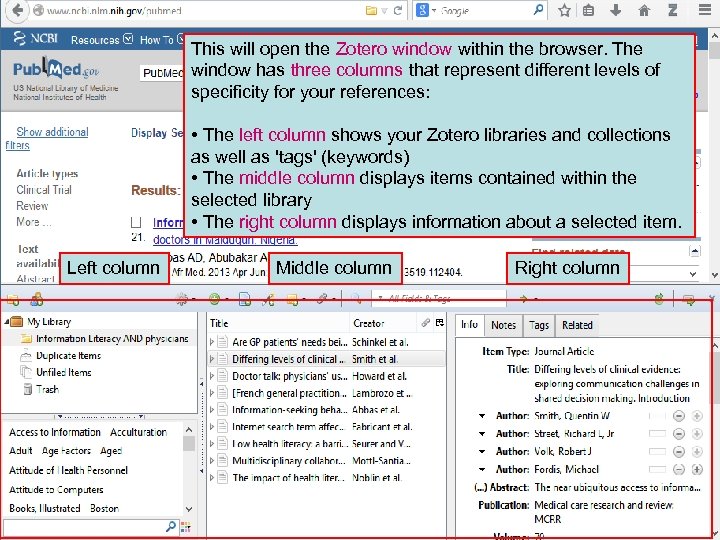 This will open the Zotero window within the browser. The window has three columns