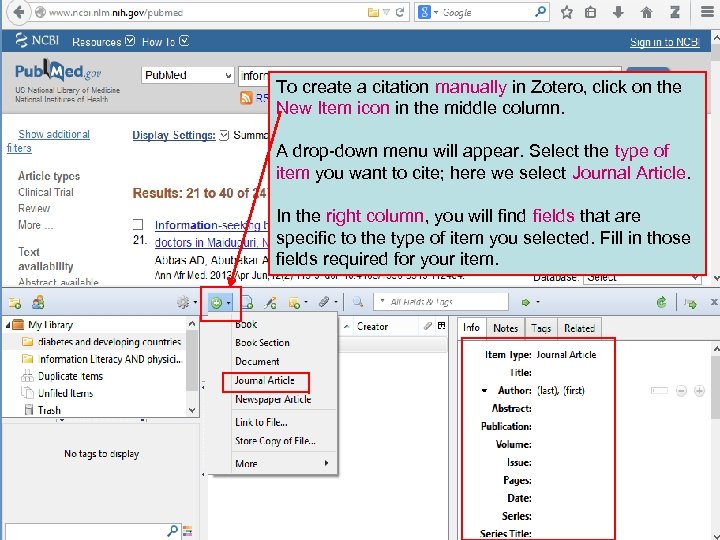To create a citation manually in Zotero, click on the New Item icon in