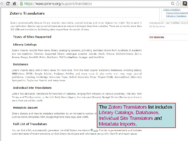 The Zotero Translators list includes Library Catalogs, Databases, Individual Site Translators and Metadata Imports.