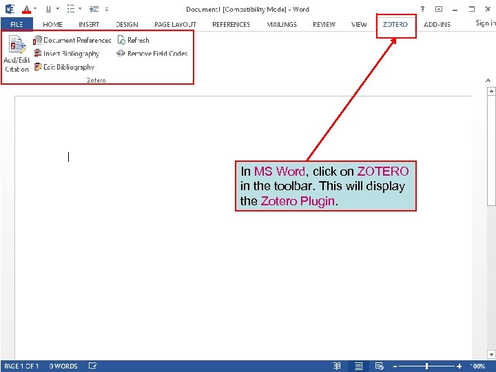 In MS Word, click on ZOTERO in the toolbar. This will display the Zotero