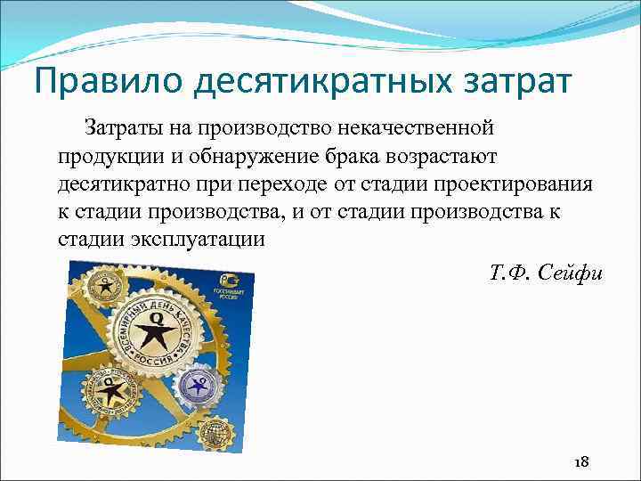 Правило десятикратных затрат Затраты на производство некачественной продукции и обнаружение брака возрастают десятикратно при
