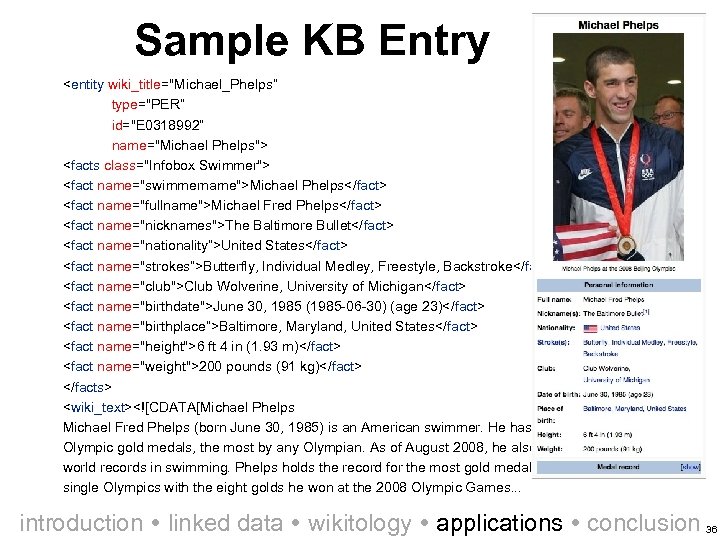 Sample KB Entry <entity wiki_title="Michael_Phelps” type="PER” id="E 0318992” name="Michael Phelps"> <facts class="Infobox Swimmer"> <fact