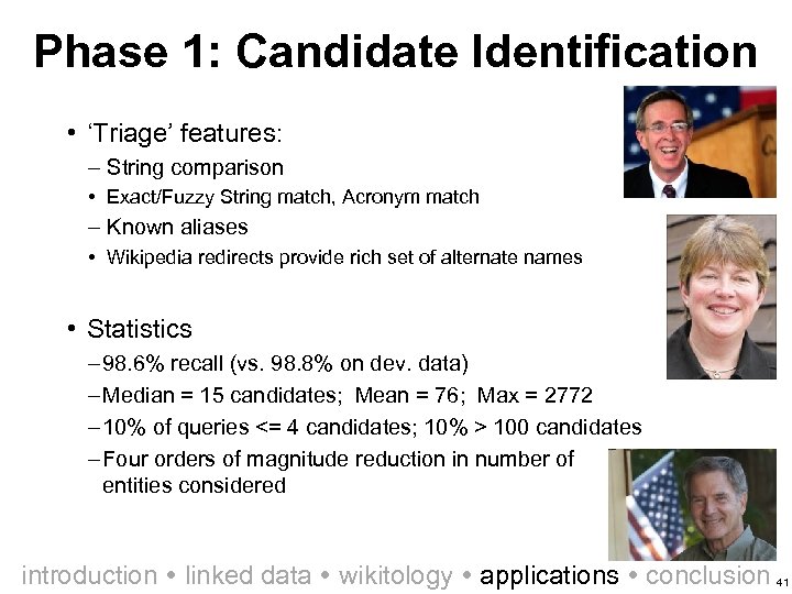 Phase 1: Candidate Identification • ‘Triage’ features: – String comparison • Exact/Fuzzy String match,
