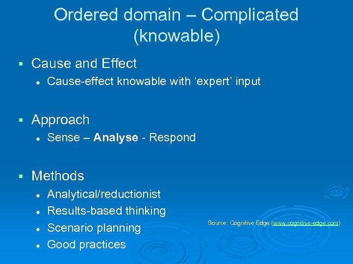 Ordered domain – Complicated (knowable) § Cause and Effect l § Approach l §