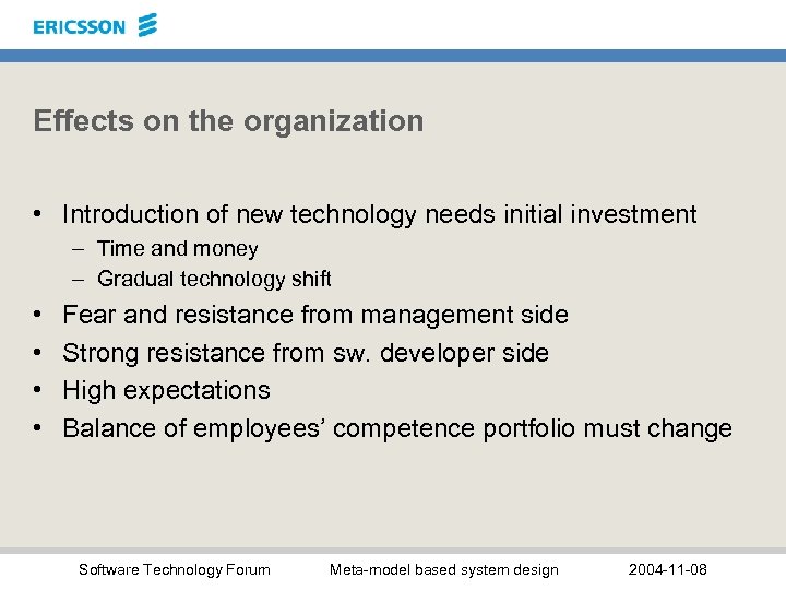 Effects on the organization • Introduction of new technology needs initial investment – Time