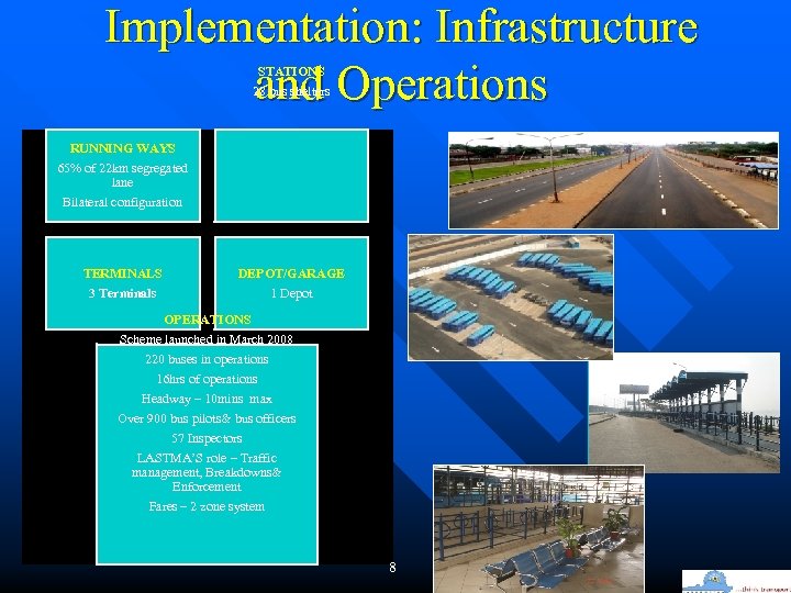 Implementation: Infrastructure and Operations STATIONS 28 bus shelters RUNNING WAYS 65% of 22 km