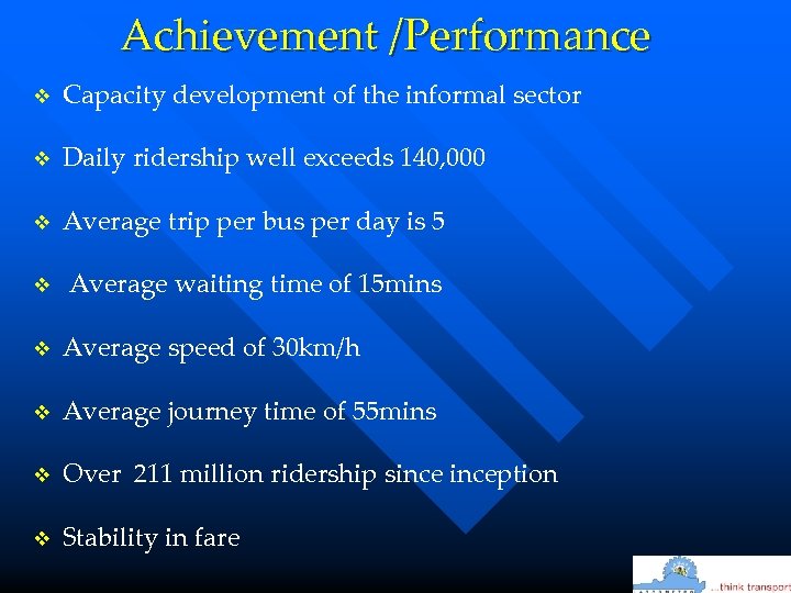 Achievement /Performance v Capacity development of the informal sector v Daily ridership well exceeds