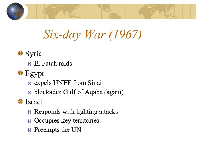 Six-day War (1967) Syria El Fatah raids Egypt expels UNEF from Sinai blockades Gulf