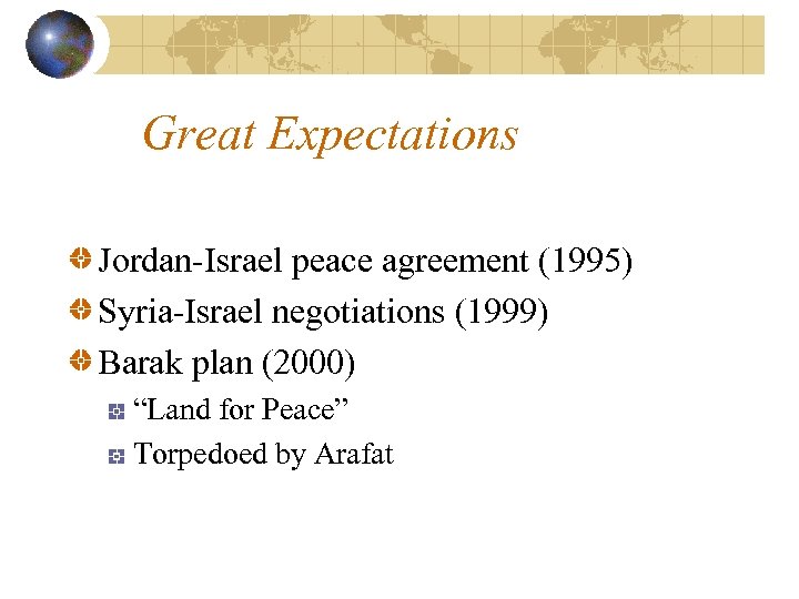 Great Expectations Jordan-Israel peace agreement (1995) Syria-Israel negotiations (1999) Barak plan (2000) “Land for