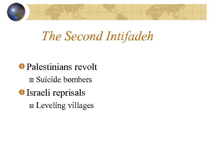 The Second Intifadeh Palestinians revolt Suicide bombers Israeli reprisals Leveling villages 