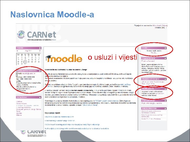 Naslovnica Moodle-a o usluzi i vijesti 