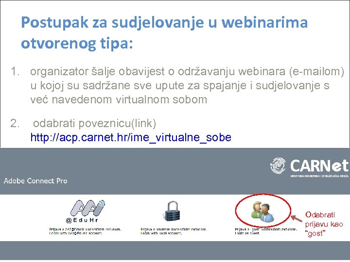 Postupak za sudjelovanje u webinarima otvorenog tipa: 1. organizator šalje obavijest o održavanju webinara