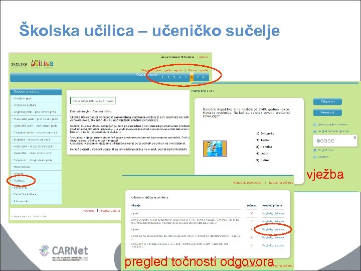 Školska učilica – učeničko sučelje vježba pregled točnosti odgovora 