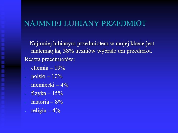 NAJMNIEJ LUBIANY PRZEDMIOT Najmniej lubianym przedmiotem w mojej klasie jest matematyka, 38% uczniów wybrało