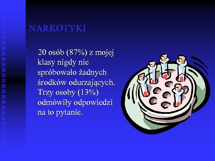 NARKOTYKI 20 osób (87%) z mojej klasy nigdy nie spróbowało żadnych środków odurzających. Trzy