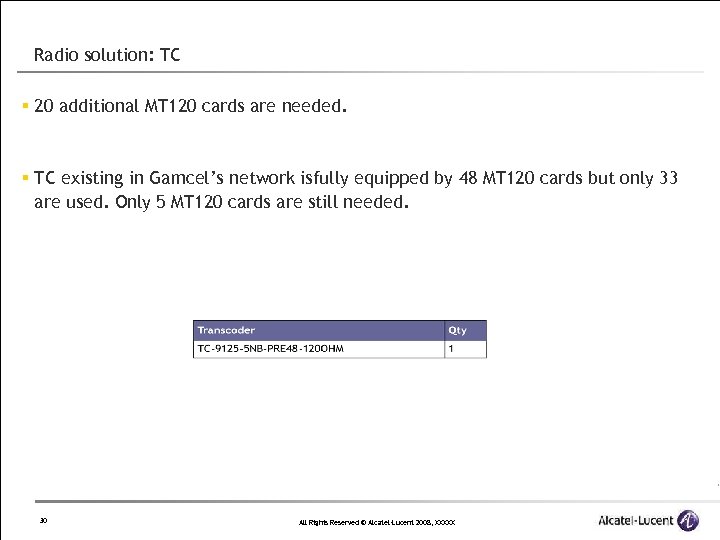Radio solution: TC § 20 additional MT 120 cards are needed. § TC existing