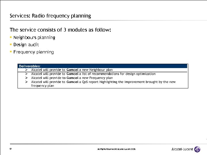 Services: Radio frequency planning The service consists of 3 modules as follow: § Neighbours