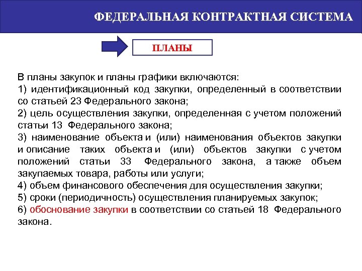 ФЕДЕРАЛЬНАЯ КОНТРАКТНАЯ СИСТЕМА ПЛАНЫ В планы закупок и планы графики включаются: 1) идентификационный код