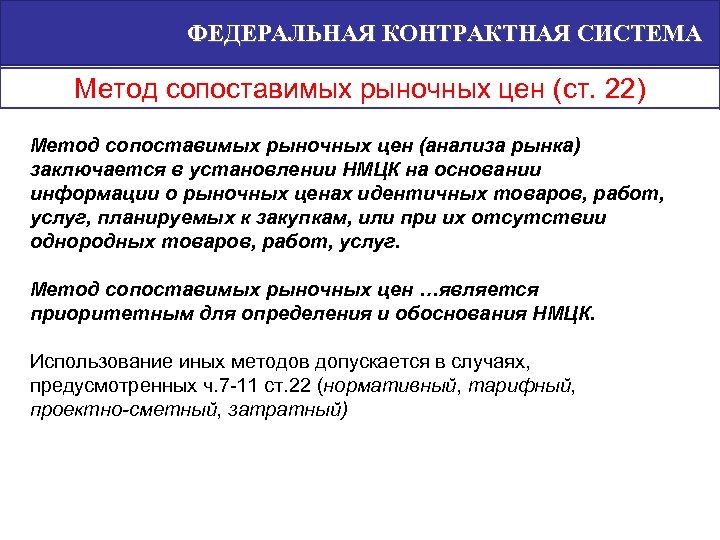 ФЕДЕРАЛЬНАЯ КОНТРАКТНАЯ СИСТЕМА Метод сопоставимых рыночных цен (ст. 22) Метод сопоставимых рыночных цен (анализа