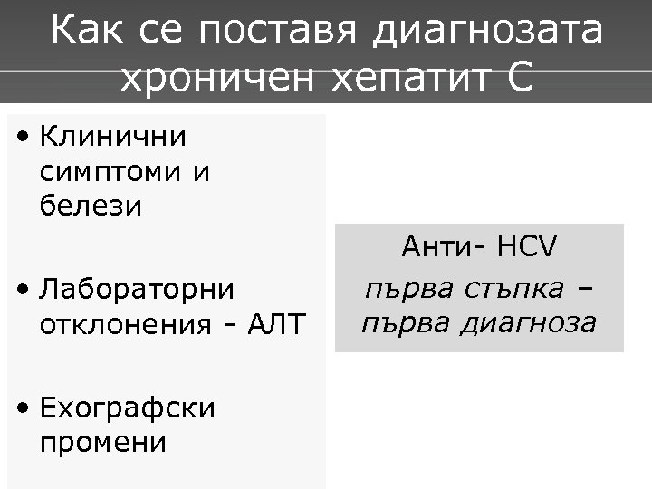 Как се поставя диагнозата хроничен хепатит С • Клинични симптоми и белези • Лабораторни