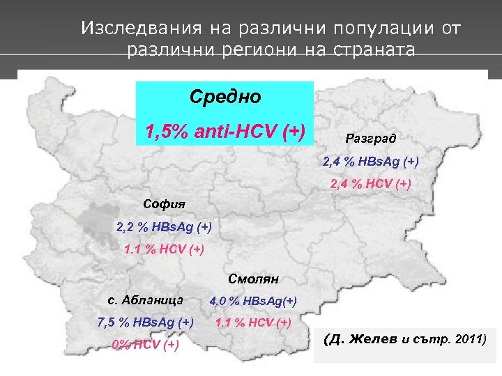 Изследвания на различни популации от различни региони на страната Средно 1, 5% anti-HCV (+)