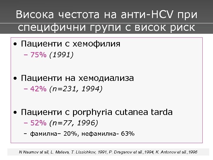 Висока честота на анти-HCV при специфични групи с висок риск Bulgaria • Пациенти с