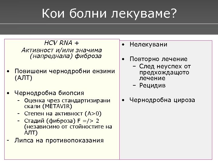 Кои болни лекуваме? HCV RNA + Активност и/или значима (напреднала) фиброза • Нелекувани •