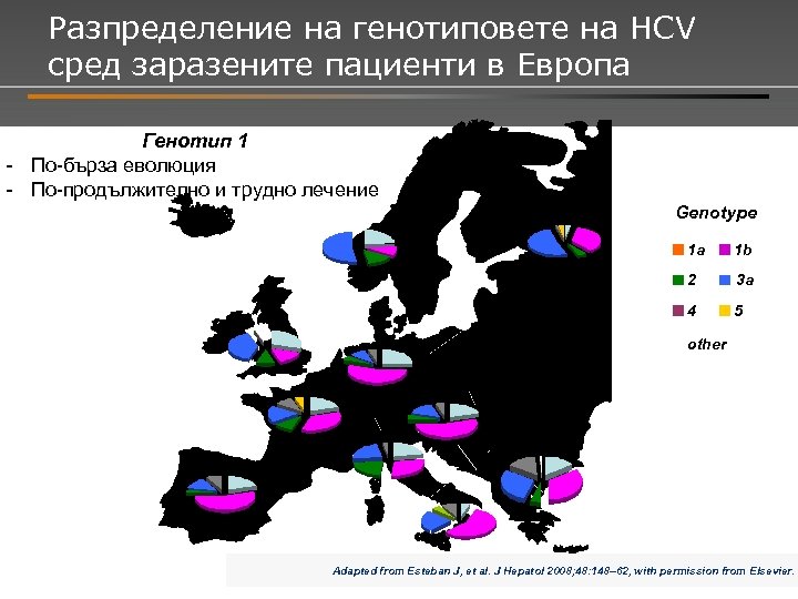 Разпределение на генотиповете на HCV сред заразените пациенти в Европа Генотип 1 - По-бърза