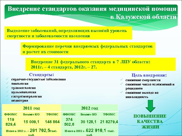 Внедрение стандартов оказания медицинской помощи в Калужской области Выделение заболеваний, определяющих высокий уровень смертности