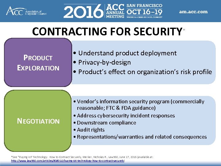 CONTRACTING FOR SECURITY* PRODUCT EXPLORATION NEGOTIATION • Understand product deployment • Privacy-by-design • Product’s