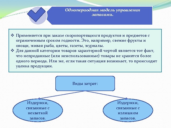 Однопериодная модель управления запасами. v Применяется при заказе скоропортящихся продуктов и предметов с ограниченным