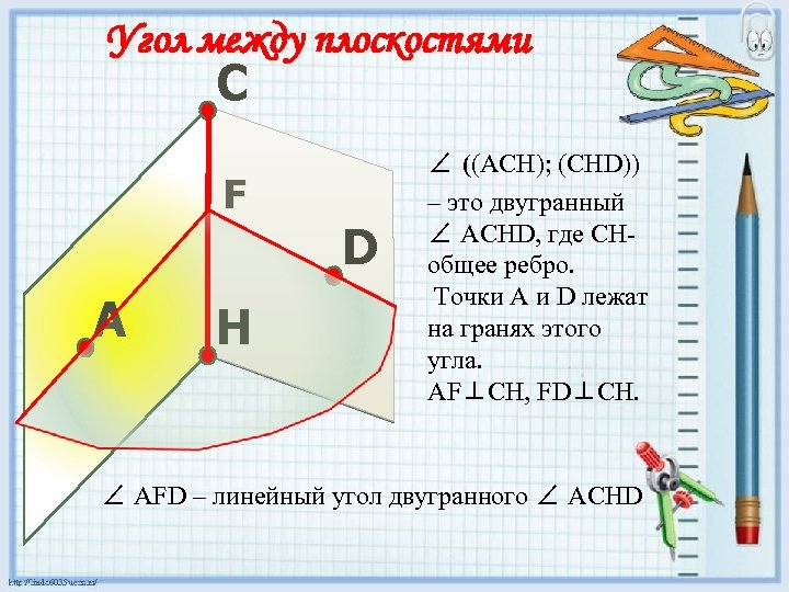 Угол между плоскостями C F A H D ∠ ((АСН); (СНD)) – это двугранный