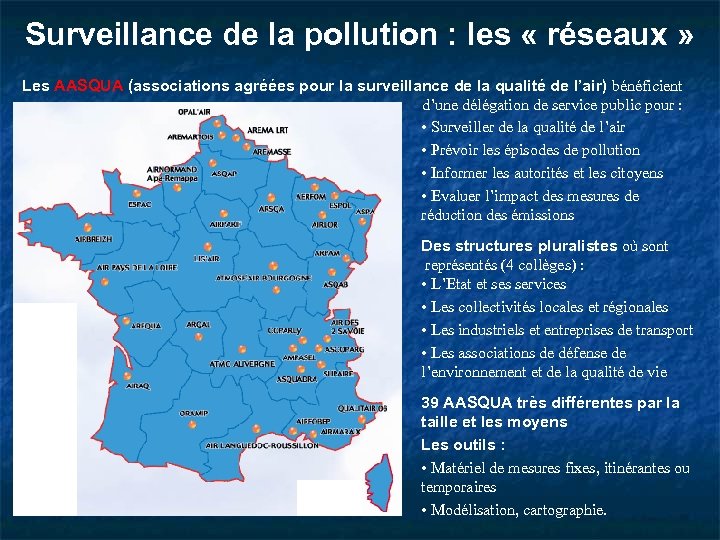 Surveillance de la pollution : les « réseaux » Les AASQUA (associations agréées pour