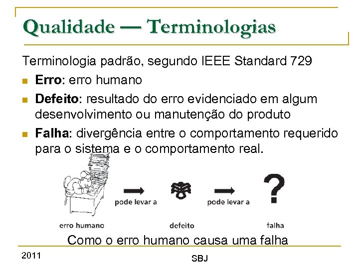 Qualidade — Terminologias Terminologia padrão, segundo IEEE Standard 729 Erro: erro humano Defeito: resultado