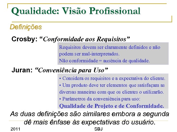 Qualidade: Visão Profissional Definições Crosby: “Conformidade aos Requisitos” Requisitos devem ser claramente definidos e