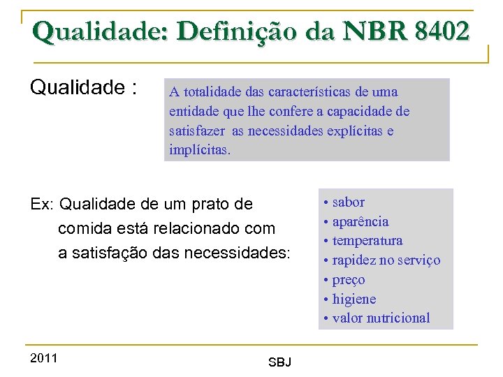 Qualidade: Definição da NBR 8402 Qualidade : A totalidade das características de uma entidade