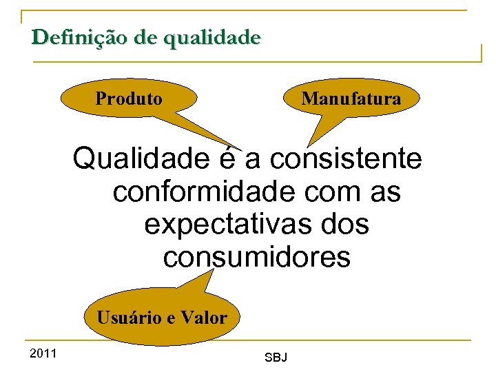 Definição de qualidade Manufatura Produto Qualidade é a consistente conformidade com as expectativas dos