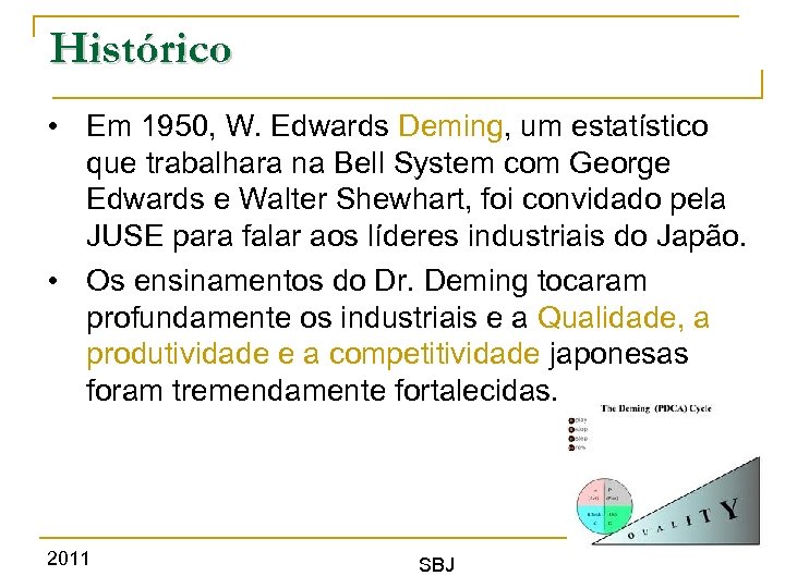 Histórico • Em 1950, W. Edwards Deming, um estatístico que trabalhara na Bell System