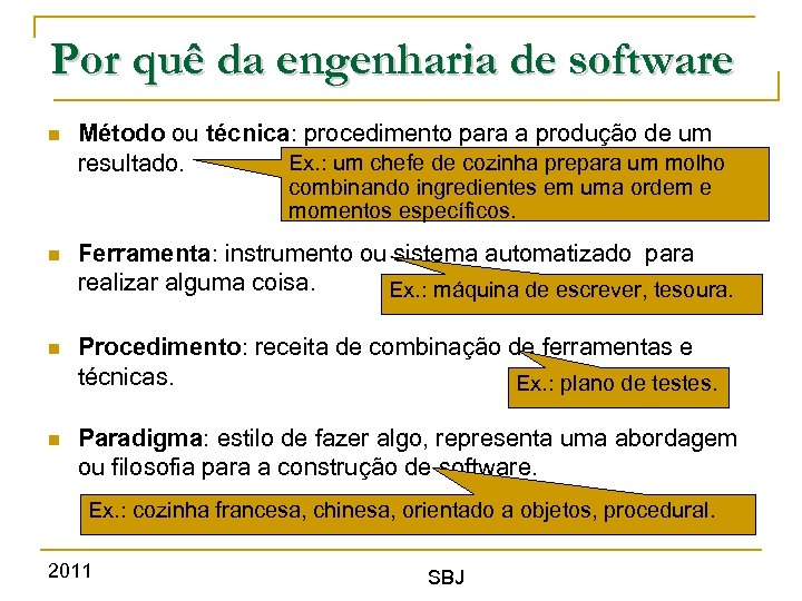 Por quê da engenharia de software Método ou técnica: procedimento para a produção de