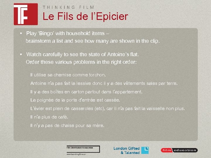 Le Fils de l’Epicier • Play ‘Bingo’ with household items – brainstorm a list