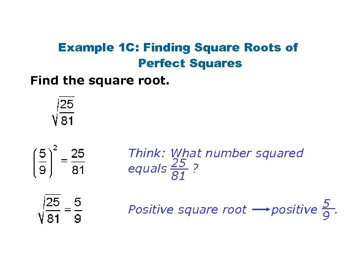 Example 1 C: Finding Square Roots of Perfect Squares Find the square root. Think: